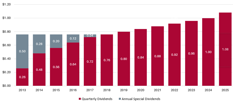 Dividends growth over time bar chart